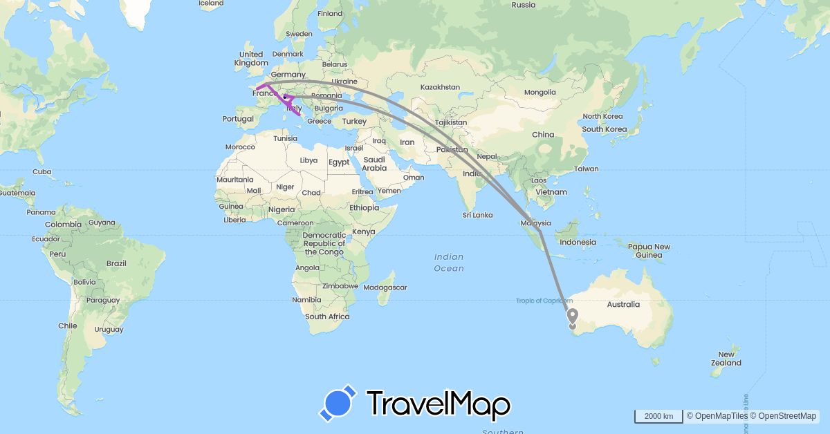 TravelMap itinerary: driving, plane, train in Australia, France, Italy, Singapore (Asia, Europe, Oceania)